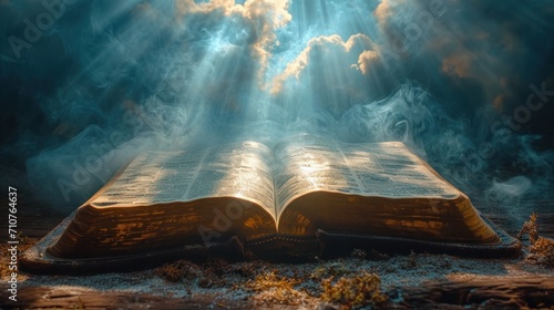  an open book sitting on top of a wooden table under a blue sky filled with clouds and sunbeams.
