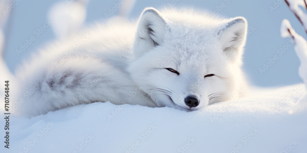 Close-Up of an Arctic fox (Vulpes lagopus) sleeping in the snow
