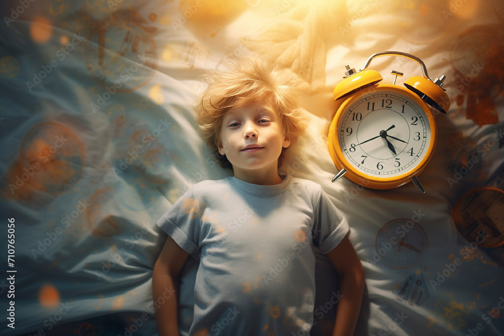 Cute little boy laying on a bed with happy face and huge alarm clock ...