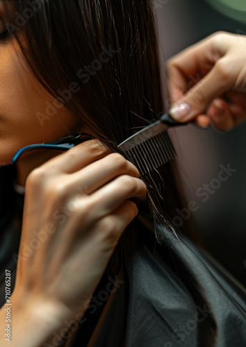 A professional hairdresser works in a beauty salon and does hair styling, close-up