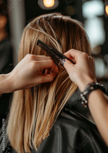 A professional hairdresser works in a beauty salon and does hair styling, close-up