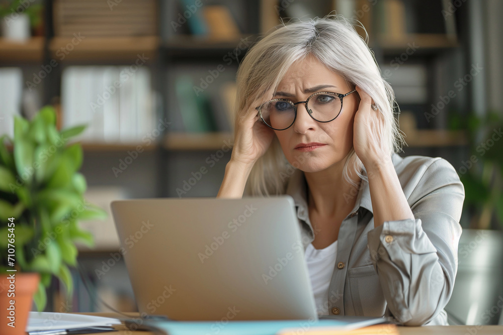 Tired busy middle aged business woman suffering from headache at work and looking at laptop computer Tired busy middle aged business woman suffering from headache at work and looking at laptop computer