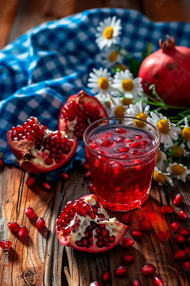 Pomegranate juice on the table. Selective focus. Pomegranate juice on the table. Selective focus.