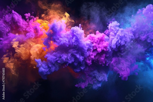Bubbles of multicolored neon smoke, ink. An explosion, a burst of Holi paint. Abstract psychedelic black dark background. 3D rendering.