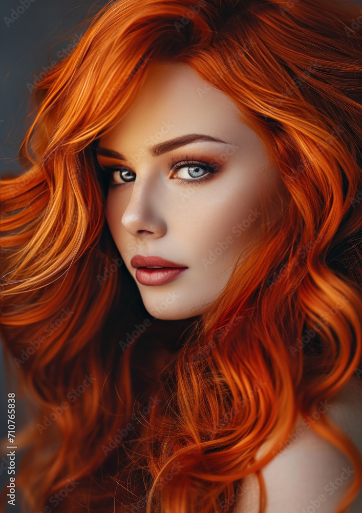 Portrait of a beautiful young woman with long hair, with bright makeup and a chic hairstyle