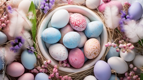  a white bowl filled with lots of colorful eggs next to a bunch of purple and white feathers and lavender flowers.