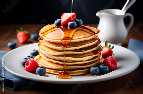 Plate with stack of pancakes with fresh strawberries, blueberries and raspberries, poured with honey, wooden table