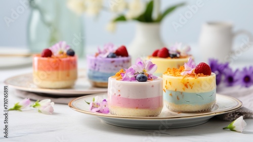  a table topped with three small cakes covered in frosting and topped with raspberries, blueberries, and strawberries.