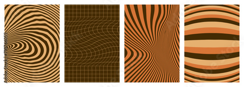 Twisted and distorted vector groovy hippie background. Waves, swirl, twirl pattern. Set of backgrounds in trendy retro psychedelic style. Vector illustration