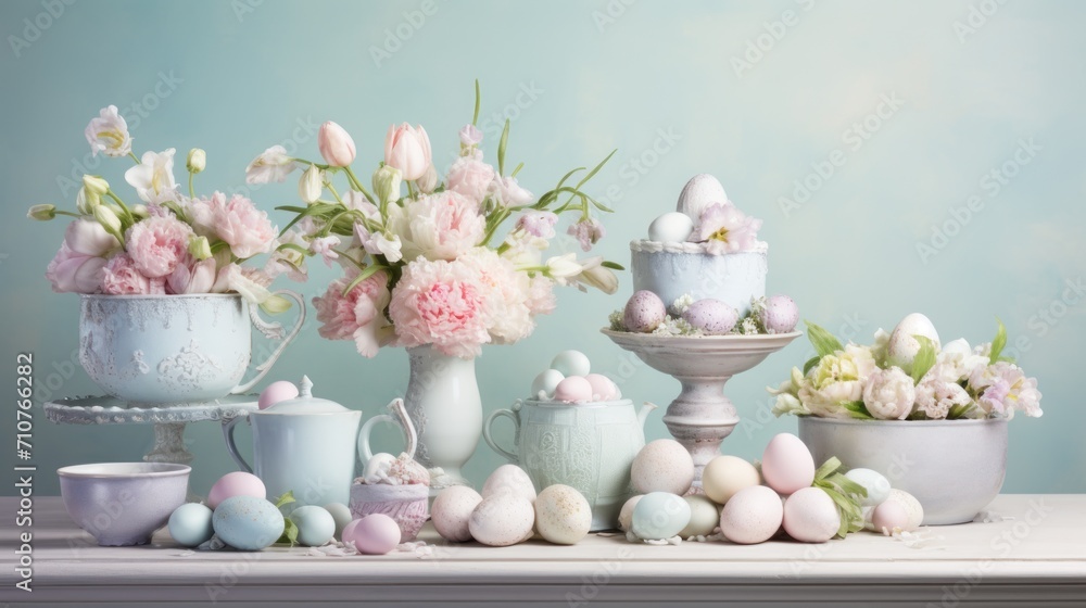 a table topped with vases filled with flowers next to a vase filled with eggs and a vase filled with flowers. a table topped with vases filled with flowers next to a vase filled with eggs and a vase filled with flowers.