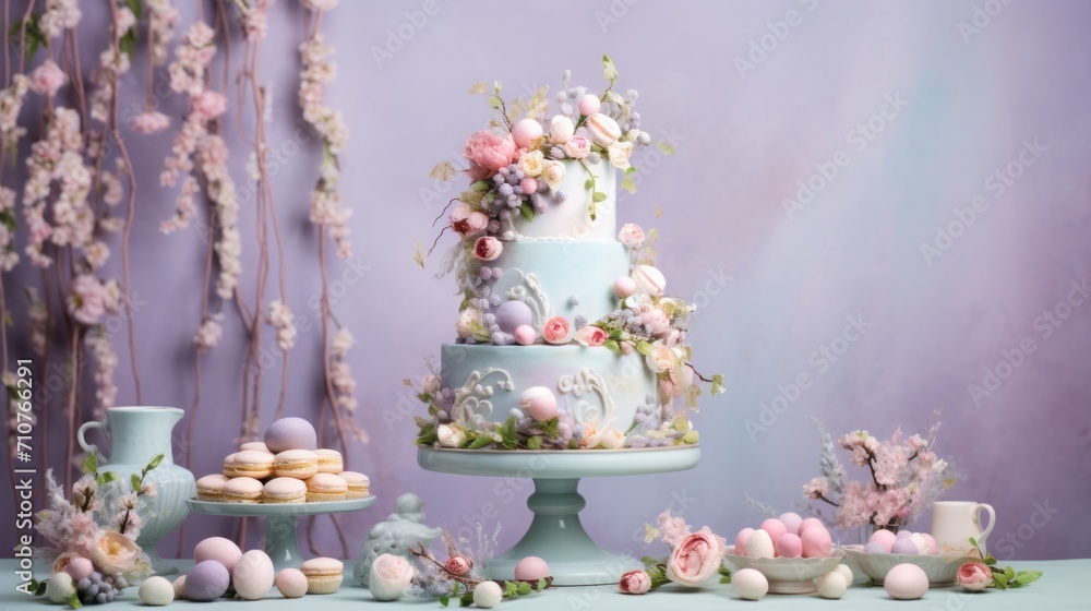 a three tiered cake sitting on top of a table next to a plate of macaroni and cheese.