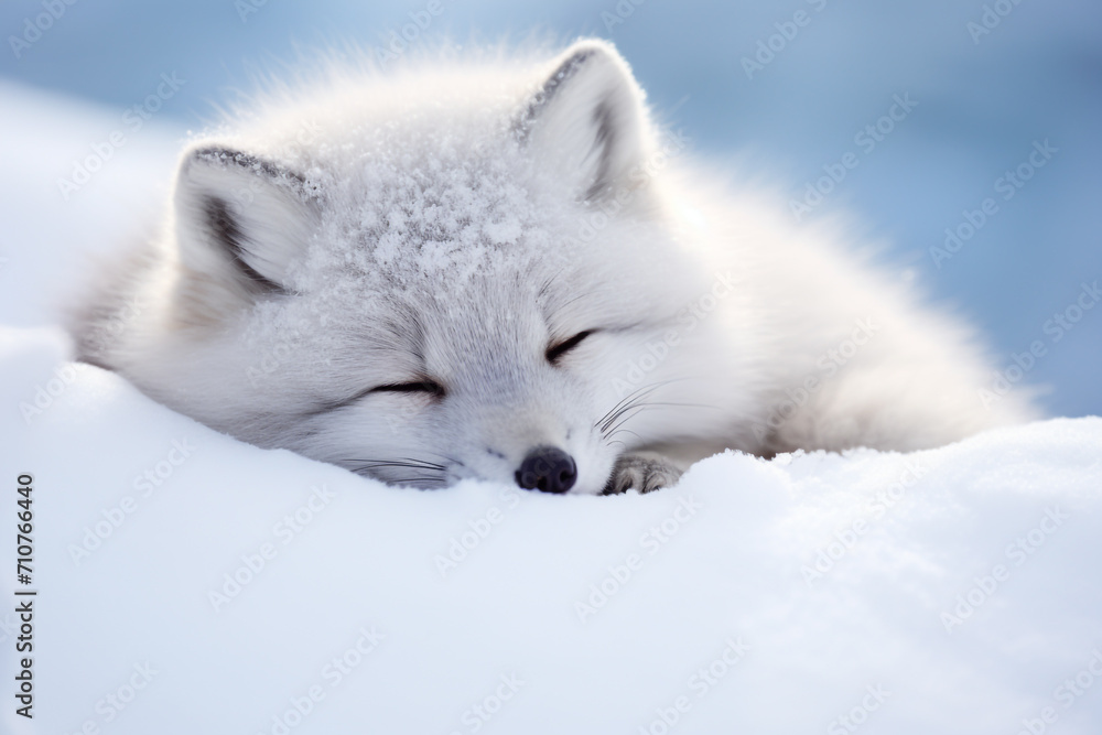 Naklejka premium Close-Up of an Arctic fox (Vulpes lagopus) sleeping in the snow
