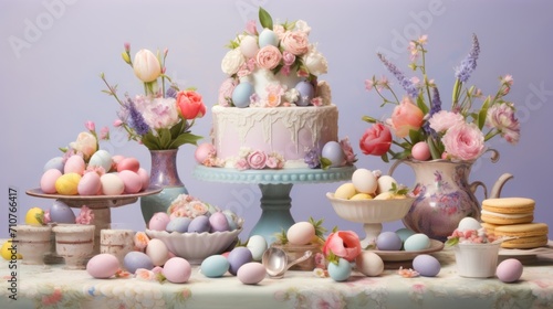  a table topped with a cake covered in frosting next to other cakes and cupcakes and vases filled with flowers.