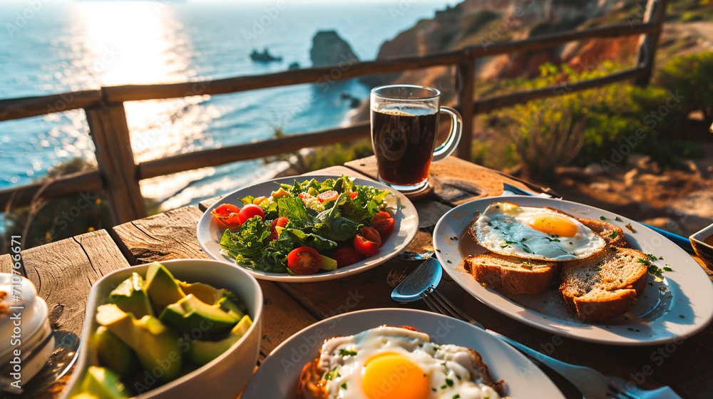 Breakfast avocado eggs and coffee by the sea. Selective focus. Breakfast avocado eggs and coffee by the sea. Selective focus.