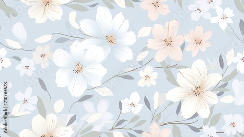  a blue and white floral wallpaper with white and pink flowers on a light blue background with leaves and stems.