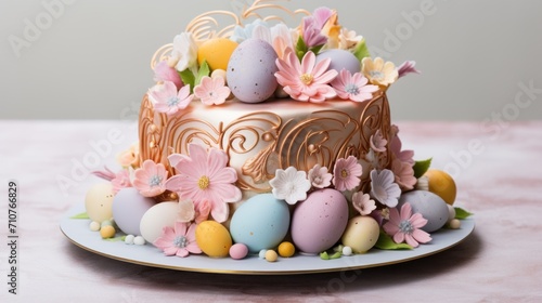  a decorated cake sitting on top of a white plate with flowers and eggs on top of the cake and on the side of the cake is a pink table.