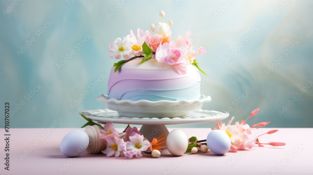 a cake sitting on top of a cake plate with flowers on top of it and an egg on the side. a cake sitting on top of a cake plate with flowers on top of it and an egg on the side.