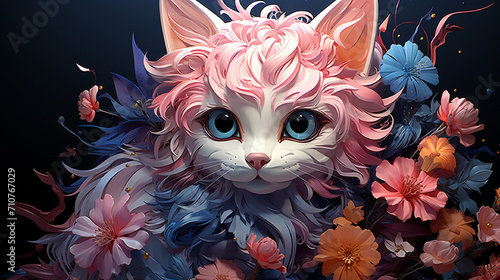 Meowloo, set against a bright, colorful background, with a focus on intricate details and smooth blending