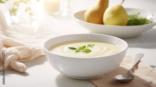  a bowl of soup next to a bowl of pears and a plate of pears on a white table.