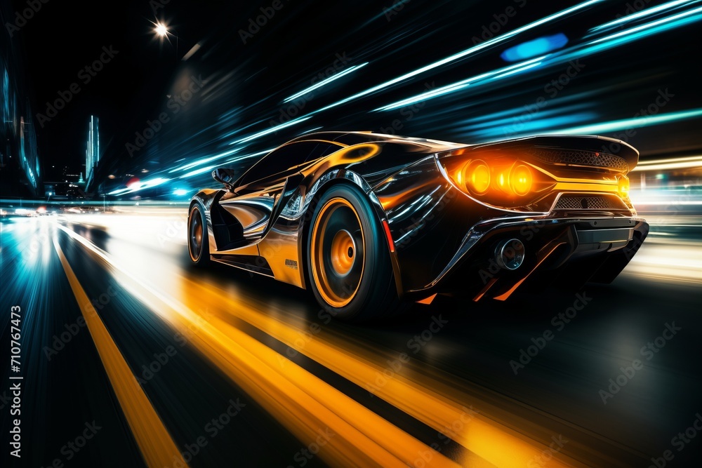 Blurred bokeh effect of city lights with sleek sports car speeding down highway at night