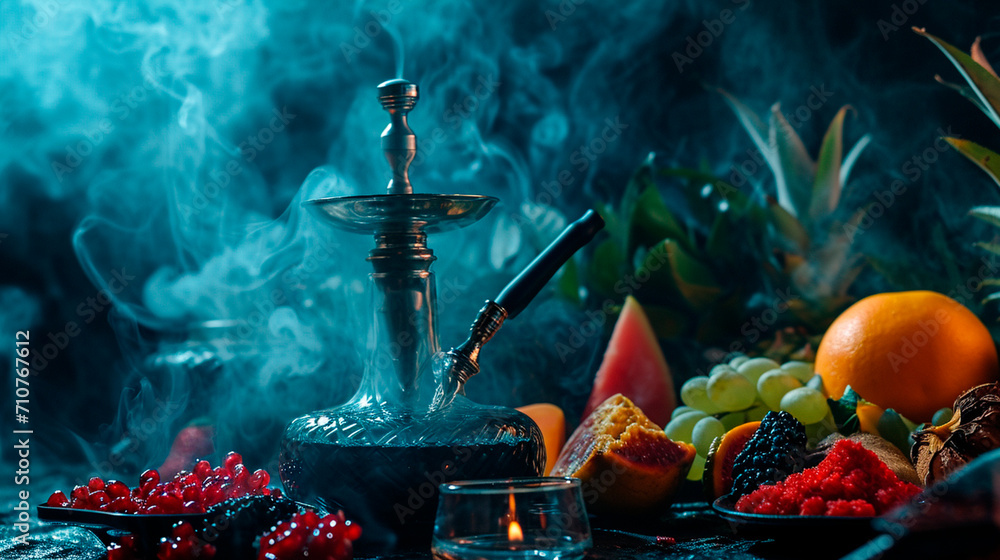 hookah in smoke with fruit. Selective focus. - obrazy, fototapety, plakaty 