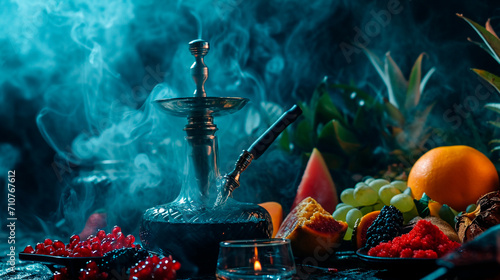 hookah in smoke with fruit. Selective focus. photo