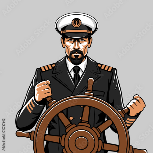 Man with a beard in a captain's uniform at the helm of the ship