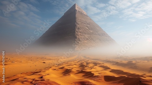  a large pyramid in the middle of a desert with a blue sky in the background and a few clouds in the sky.