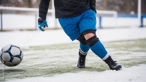 player kicking ball with a broken leg, Football Player in Men's Soccer Pants With Soccer Ball on Winter Training Unit. Football Training Session During Winter Time, down close up shot.