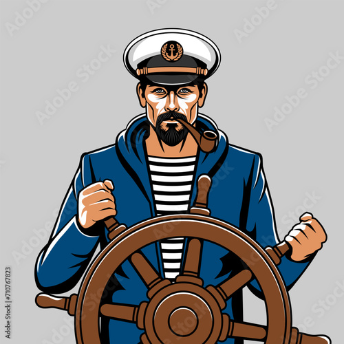 Man with a smoking pipe in a captain's cap at the helm of the ship