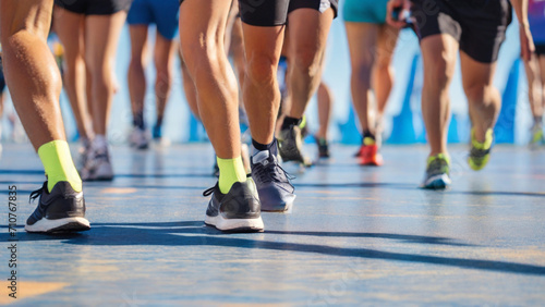 Low start of runners at the competition. Close-up. Smooth Surface Ready for Runners in the sunny morning  man and woman  close up  details  fashion sporty shoes outside