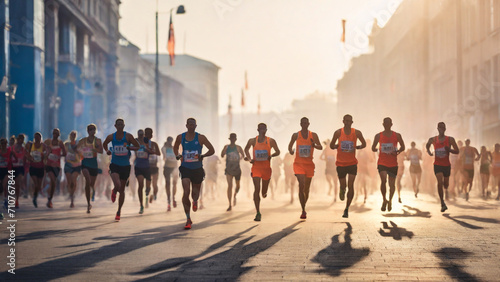 Low start of runners at the competition. Athletes Running in a City. Marathon, Running Competitions, side view, silhouettes, sporty man encourage other people to do sport outside, 