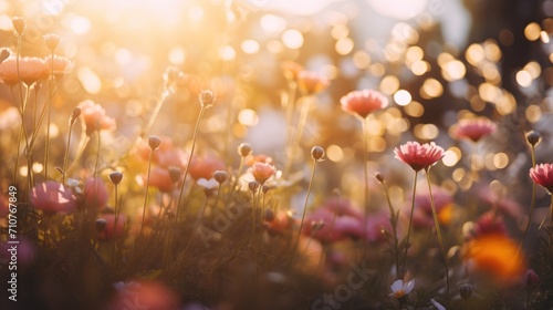  a field of pink and yellow flowers with the sun shining through the leaves of the flowers in the back ground.