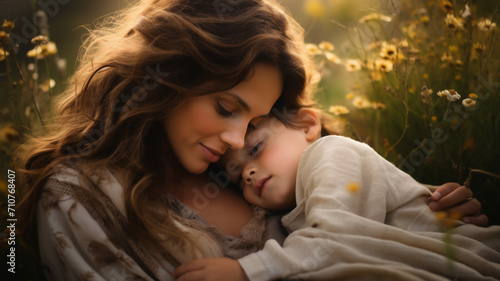 Child and woman show love emotion on blurred background
