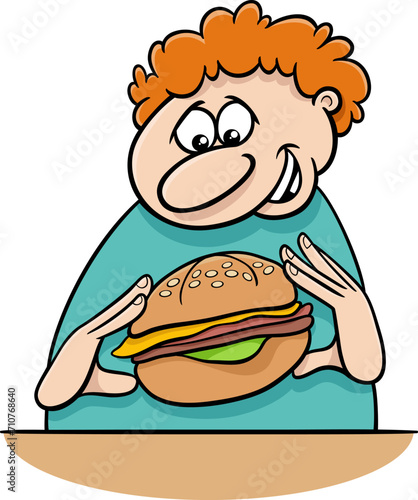 cartoon man character eating a cheeseburger