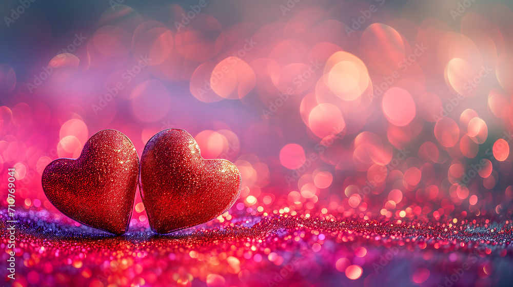 Two red sparkling hearts in the foreground with a vibrant red bokeh effect, perfect for Valentine's Day decorations, romantic event flyers, and love-inspired graphic designs. High quality illustration