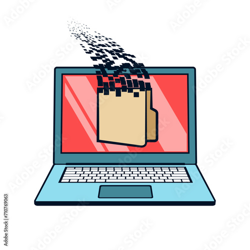 Laptop with a symbolic image of data loss in the form of a folder with files disintegrating into particles. vector illustration in comic style.