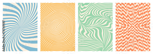 Twisted and distorted vector groovy hippie background. Waves, swirl, twirl pattern. Set of backgrounds in trendy retro psychedelic style. Vector illustration photo