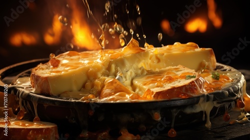  a close up of a pie in a pan with a lot of liquid coming out of the top of it.