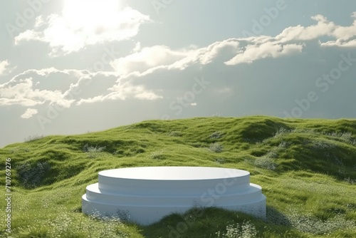 Abstract 3d render platform natural background  White podium on the grass field backdrop cloud and sky for product stand display advertising  cosmetic or etc. generative ai.