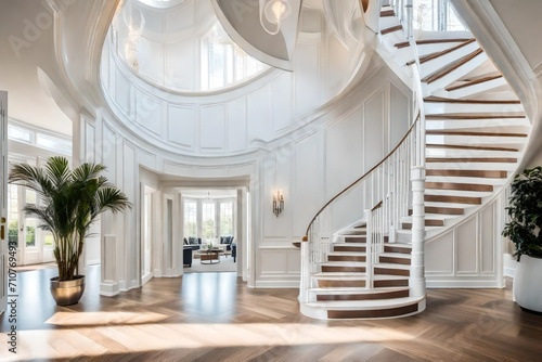 White foyer and spiral staircase in modern luxury home showcase interior