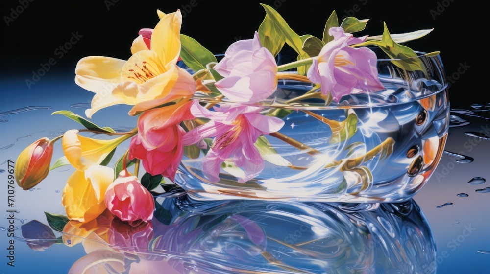  a glass vase filled with colorful flowers on top of a blue surface with water splashing on top of it.