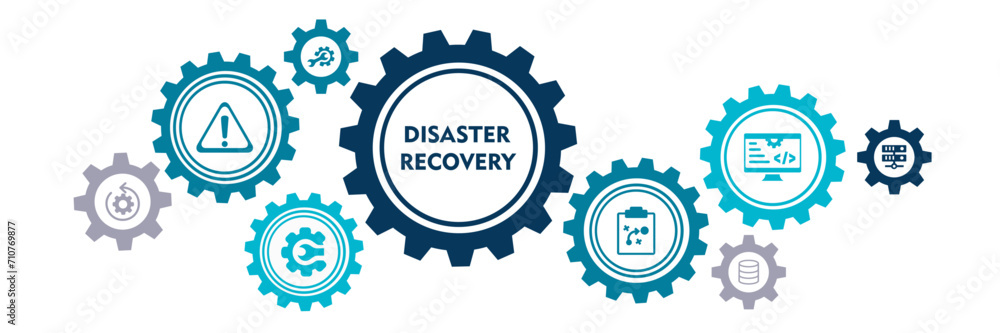 Disaster recovery banner web icon vector illustration concept for technology infrastructure with an icon of the incident, procedures, database, server, computer, plan, and recovery data system 