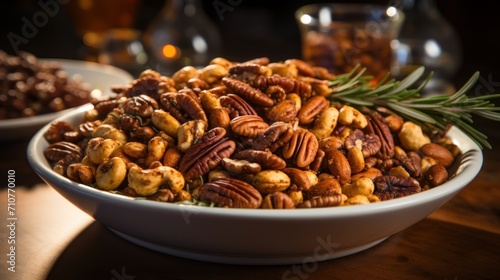  a close up of a bowl of nuts with a rosemary sprig on top of one of the nuts. © Anna