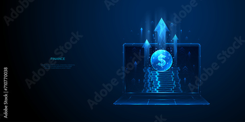 Abstract 3D light blue dollar coin stack on a laptop screen in futuristic low poly wireframe style on a dark background. Business and finance concept. Growth arrows as graph chart. Vector illustration