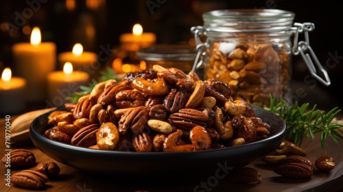  a bowl full of nuts sitting on a table next to a jar of candles and a candle holder with candles in the background.
