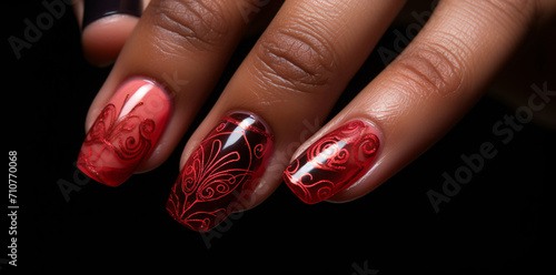 Valentine's day nail art, in the style of photorealistic detail, translucent color, airbrush art, high detailed, red and pink, traditional african art, lightbox

 photo