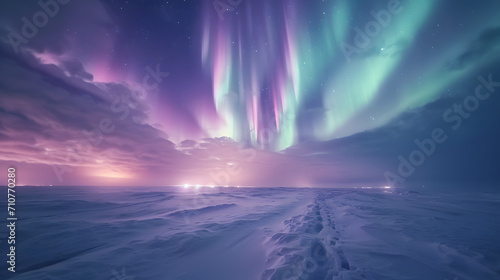 A snowy landscape, with surreal neon auroras and pastel skies, during a mystical night, capturing the Psychic Waves mood of escapism and surrealism © VirtualCreatures