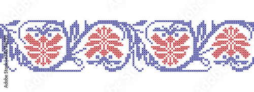 Embroidered cross-stitch seamless border pattern with flowers