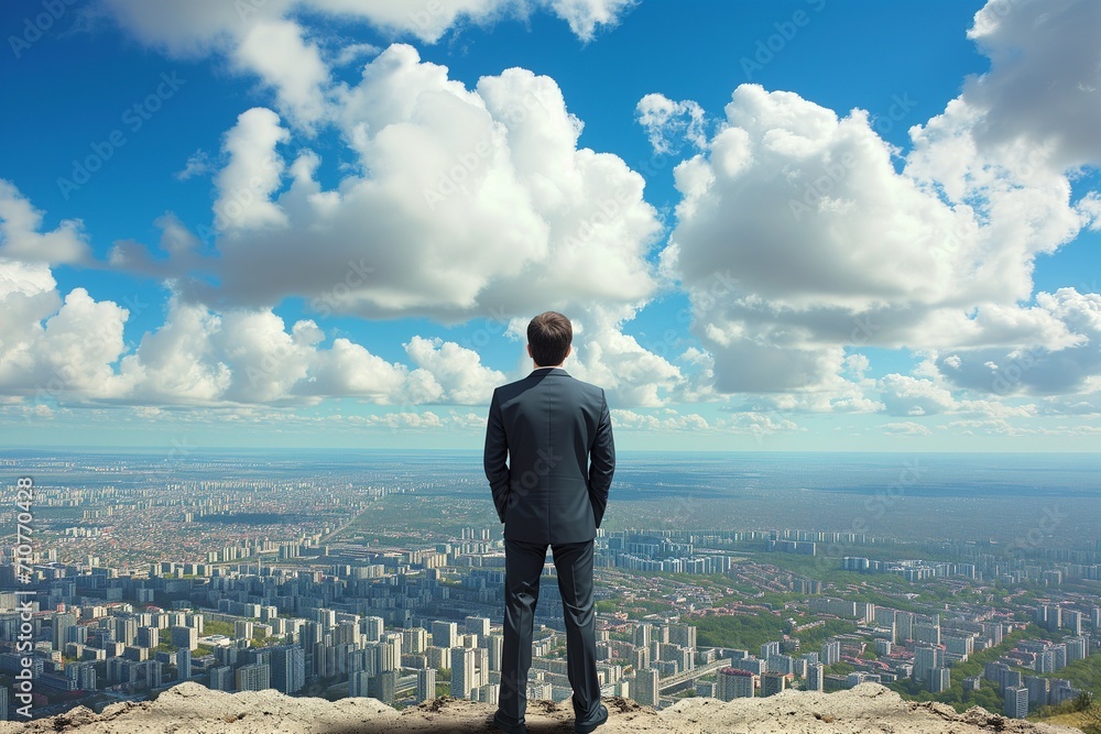 A businessman behind looking for town and blue-sky clouds on building top views. A businessman behind looking for town and blue-sky clouds on building top views.